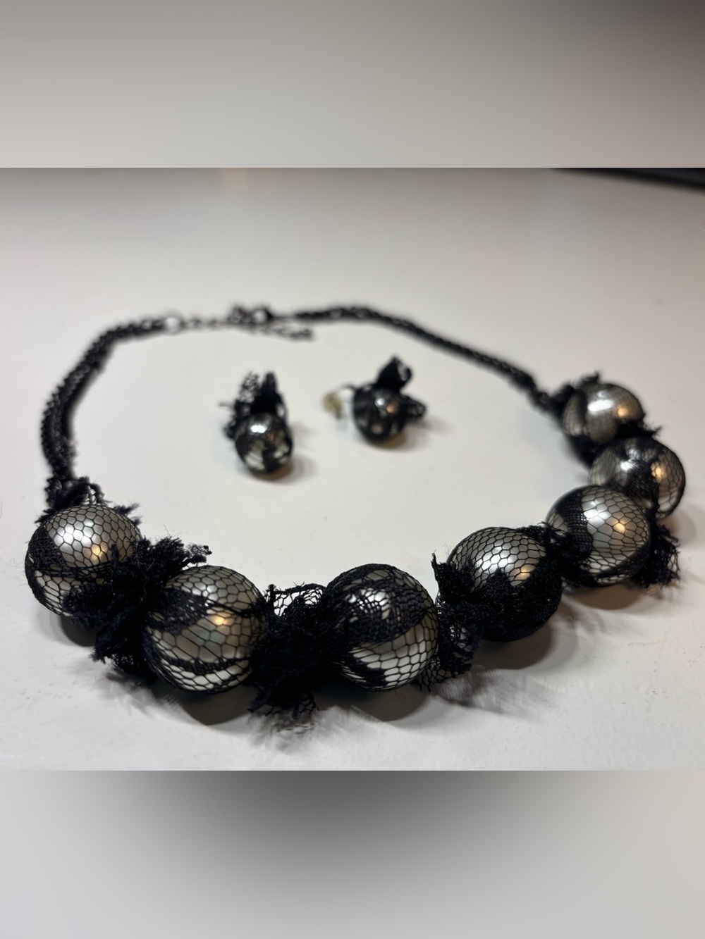 Black Lace Tulle Pearls Statement Necklace & Earring Set - Picture 2 of 5